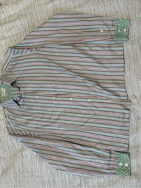 Kenzo Multicolor Striped Button-Down Shirt with Green Contrast Trim